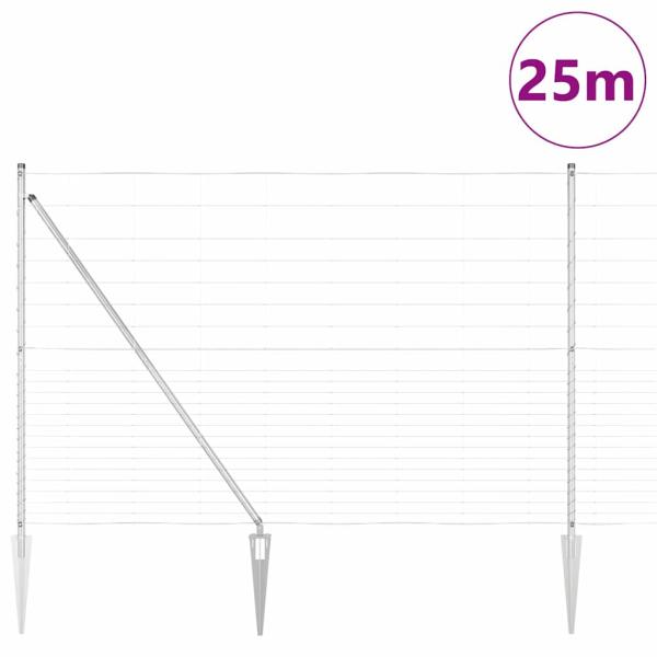 ARDEBO.de - Feldzaun 1,6x25 m verzinkter Stahl, Zaunpfosten mit Erdspieß 13 Stück Ø32 mm 180 cm verzinkter Stahl