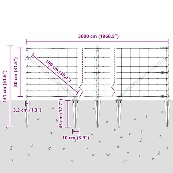 Feldzaun 0,8 x 50 m aus verzinktem Stahl, Zaunpfosten mit Spike 13 Stück Ø32 mm 100 cm aus verzinktem Stahl