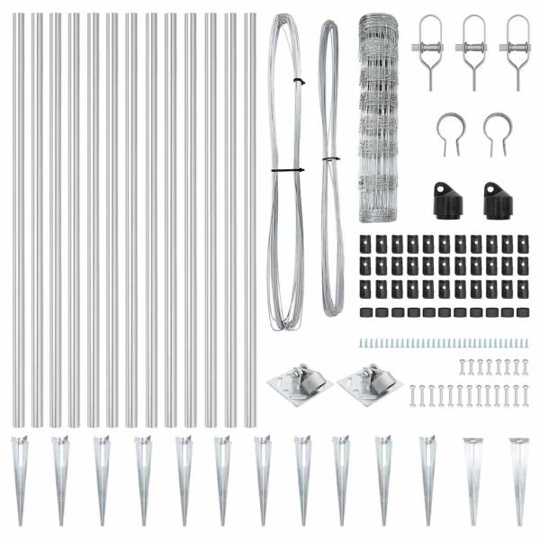 Field Fence 0,8x50 m Verzinkter Stahl, Zaunpfosten mit Spike 13 Stück Ø32 mm 100 cm Verzinkter Stahl
