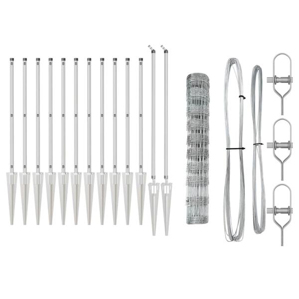 Feldzaun 1x50 m Verzinkter Stahl, Zaunpfosten mit Spike 13 Stück Ø32 mm 120 cm Verzinkter Stahl