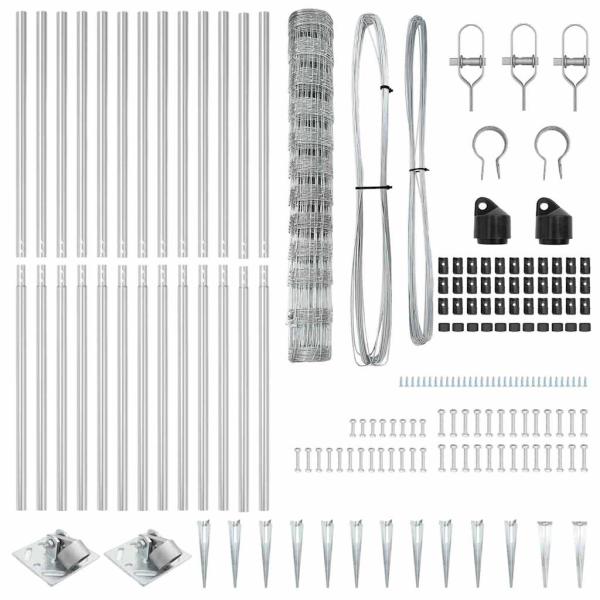 Feldzaun 1,2x50 m verzinkter Stahl, Zaunpfosten mit Spike 13 Stück Ø32 mm 140 cm verzinkter Stahl
