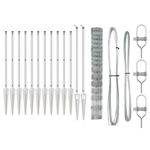Feldzaun 1,2x50 m Verzinkter Stahl, Zaunpfosten mit Spike 13 Stück Ø32 mm 140 cm Verzinkter Stahl
