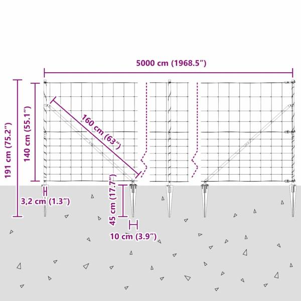 Feldzaun 1,4x50 m verzinkter Stahl, Zaunpfosten mit Spike 13 Stück Ø32 mm 160 cm verzinkter Stahl