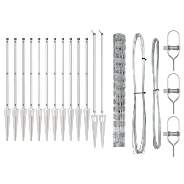 Feldzaun 1,4x50 m verzinkter Stahl, Zaunpfosten mit Spike 13 Stück Ø32 mm 160 cm verzinkter Stahl
