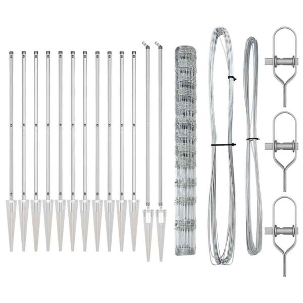 Feldzaun 1,5x50 m Verzinkter Stahl, Zaunpfosten mit Spike 13 Stk Ø32 mm 170 cm Verzinkter Stahl