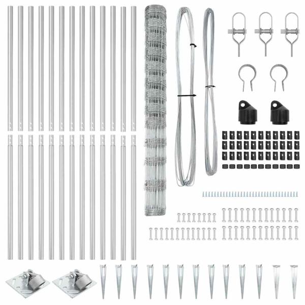 Feldzaun 1,5x50 m Verzinkter Stahl, Zaunpfosten mit Spike 13 Stk Ø32 mm 170 cm Verzinkter Stahl