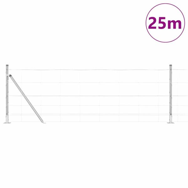 Feldzaun 0.8x25 m verzinkter Stahl, Zaunpfosten mit Fußplatten 13 Stück Ø32mm 90cm verzinkter Stahl