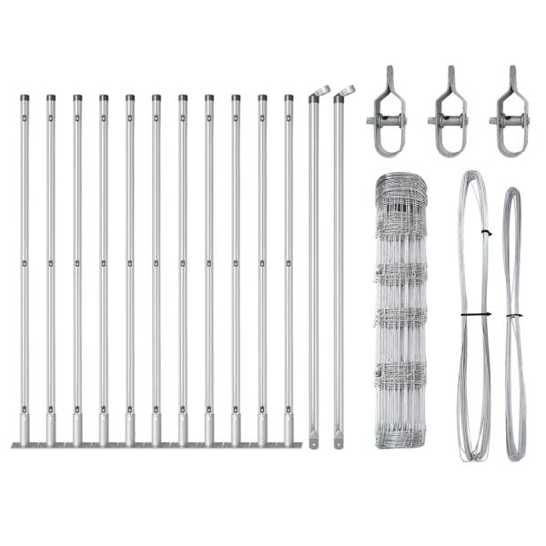 Feldzaun 0.8x25 m verzinkter Stahl, Zaunpfosten mit Fußplatten 13 Stück Ø32mm 90cm verzinkter Stahl