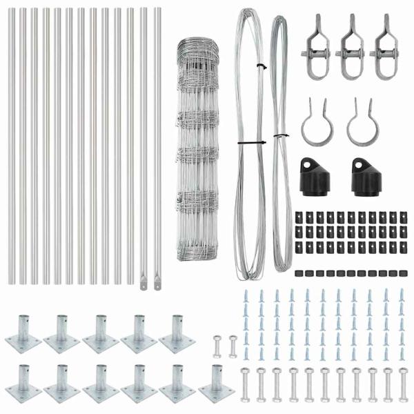 Feldzaun 0.8x25 m verzinkter Stahl, Zaunpfosten mit Fußplatten 13 Stück Ø32mm 90cm verzinkter Stahl