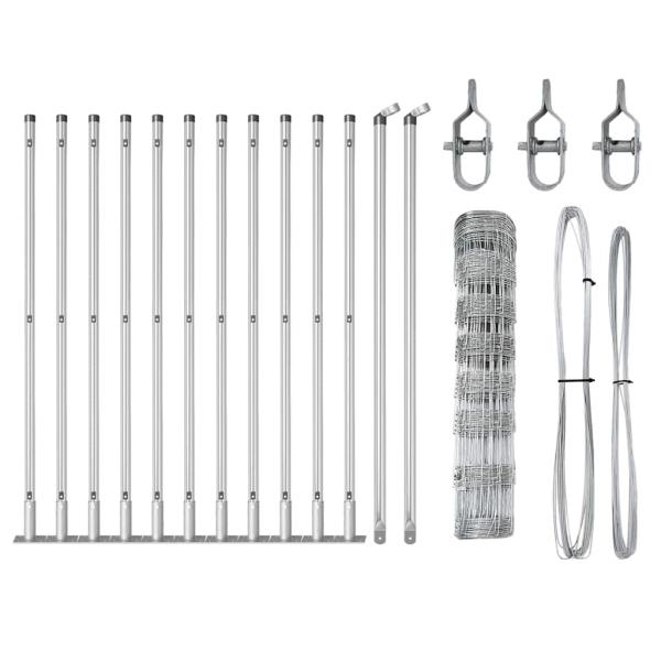 Feldzaun 0,8x25 m Verzinkter Stahl, Zaunpfosten mit Basisplatten 13 Stk Ø32mm 90cm Verzinkter Stahl
