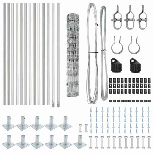 Feldzaun 1x25 m Verzinkter Stahl, Zaunpfosten mit Sockelplatten 13 Stück Ø32mm 110cm Verzinkter Stahl
