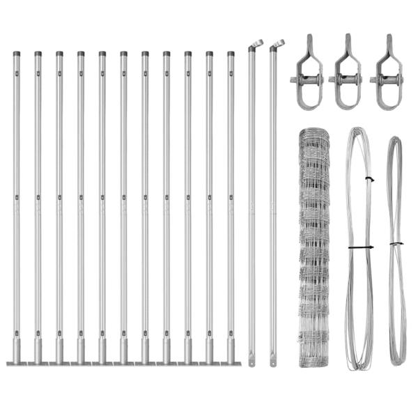 Feldzaun 1,2x25 m verzinkter Stahl, Zaunpfosten mit Grundplatten 13 Stück Ø32mm 68,5cm verzinkter Stahl