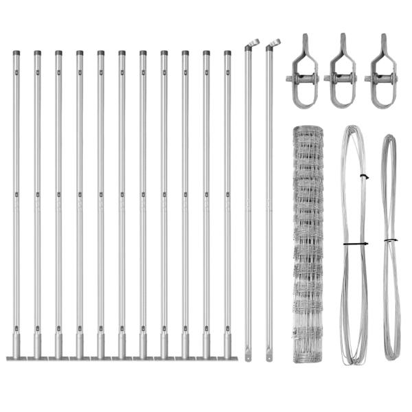 Weidezaun 1,2x25 m verzinkter Stahl, Zaunpfosten mit Fundamentplatten 13 Stück Ø32mm 68,5cm verzinkter Stahl