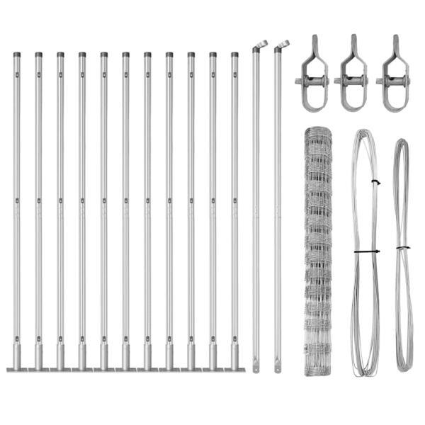 Feldzaun 1,4x25 m verzinkter Stahl, Zaunpfosten mit Sockelplatten 13 Stück Ø32mm 78,5cm verzinkter Stahl