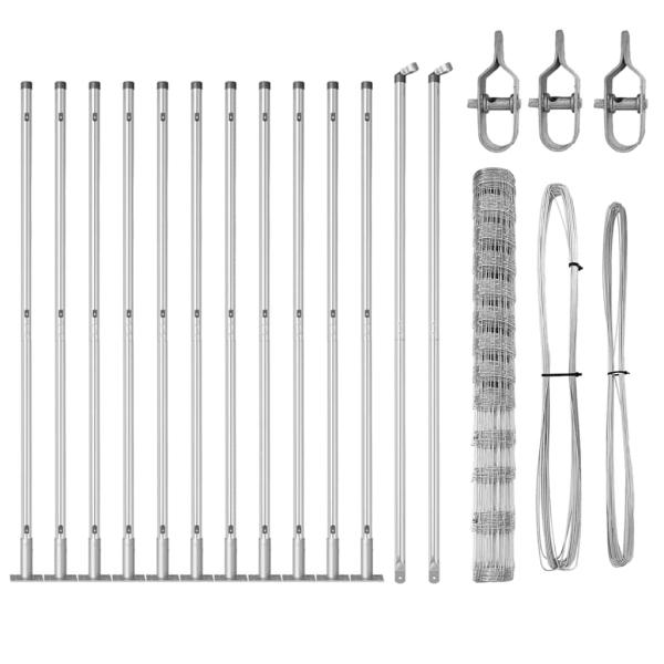 Feldzaun 1,5x25 m verzinkter Stahl, Zaunpfosten mit Bodenplatten 13 Stück Ø32mm 83,5cm verzinkter Stahl