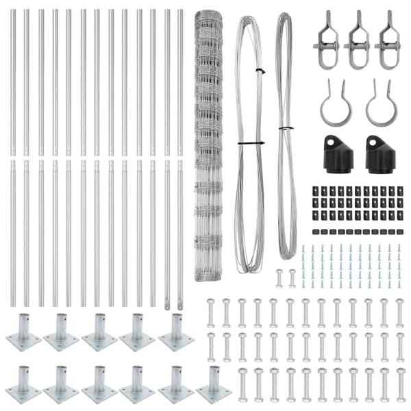 Feldzaun 1,5x25 m verzinkter Stahl, Zaunpfosten mit Bodenplatten 13 Stück Ø32mm 83,5cm verzinkter Stahl