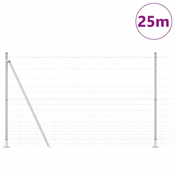 Feldzaun 1,5x25 m Verzinkter Stahl, Zaunpfosten mit Bodenplatten 13 Stück Ø32mm 83,5cm Verzinkter Stahl