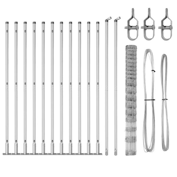 Feldzaun 1,5x25 m Verzinkter Stahl, Zaunpfosten mit Bodenplatten 13 Stück Ø32mm 83,5cm Verzinkter Stahl