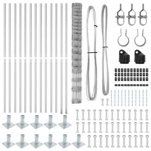 Feldzaun 1,5x25 m Verzinkter Stahl, Zaunpfosten mit Bodenplatten 13 Stück Ø32mm 83,5cm Verzinkter Stahl