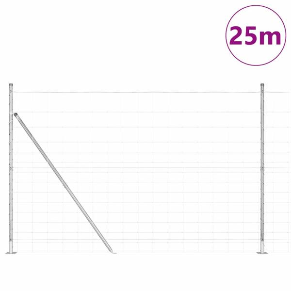 Feldzaun 1,6x25 m verzinkter Stahl, Zaunpfosten mit Grundplatten 13 Stück Ø32mm 88,5cm verzinkter Stahl