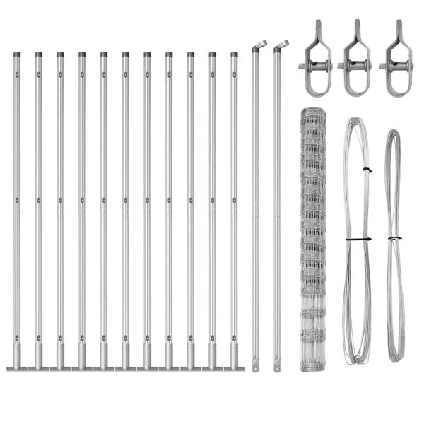 Feldzaun 1,6x25 m verzinkter Stahl, Zaunpfosten mit Grundplatten 13 Stück Ø32mm 88,5cm verzinkter Stahl