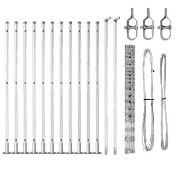 Feldzaun 1,6x25 m Verzinkter Stahl, Zaunpfosten mit Bodenplatten 13 Teile Ø32mm 88,5cm Verzinkter Stahl