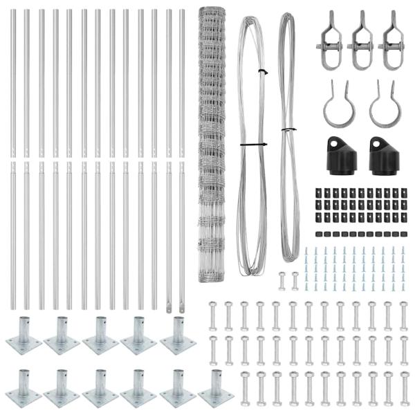 Feldzaun 1,6x25 m verzinkter Stahl, Zaunpfosten mit Grundplatten 13 Stk Ø32mm 88,5cm verzinkter Stahl