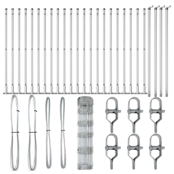 Feldzaun 0.8x50 m Verzinkter Stahl, Zaunpfosten mit Bodenplatten 13 Stück Ø32mm 90cm Verzinkter Stahl