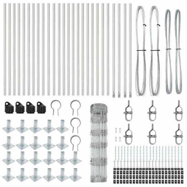 Feldzaun 0.8x50 m Verzinkter Stahl, Zaunpfosten mit Bodenplatten 13 Stück Ø32mm 90cm Verzinkter Stahl