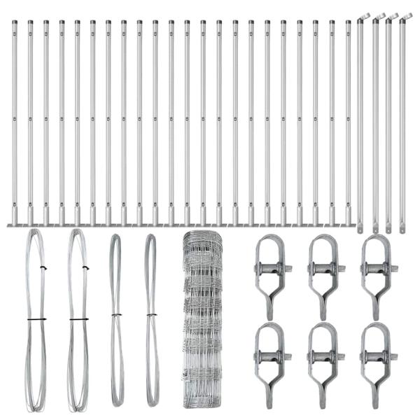 Feldzaun 0,8x50 m verzinkter Stahl, Zaunpfosten mit Bodenplatten 13 Stück Ø32mm 90cm verzinkter Stahl