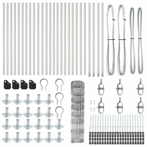 Feldzaun 0,8x50 m Verzinkter Stahl, Zaunpfosten mit Fußplatten 13 Stück Ø32mm 90cm Verzinkter Stahl
