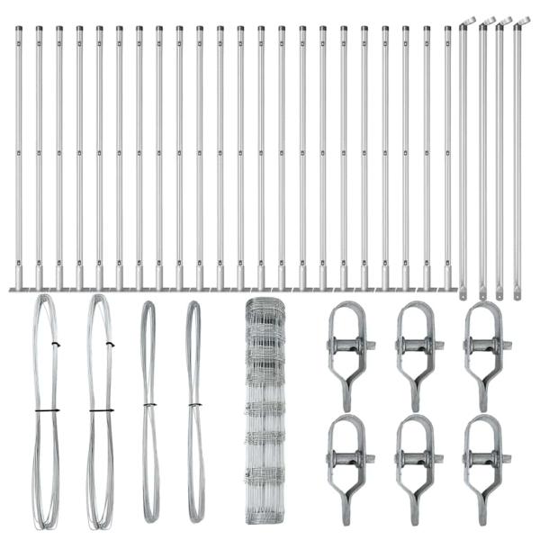 Feldzaun 1x50 m Verzinkter Stahl, Zaunpfosten mit Fußplatten 13 Stück Ø32mm 110cm Verzinkter Stahl