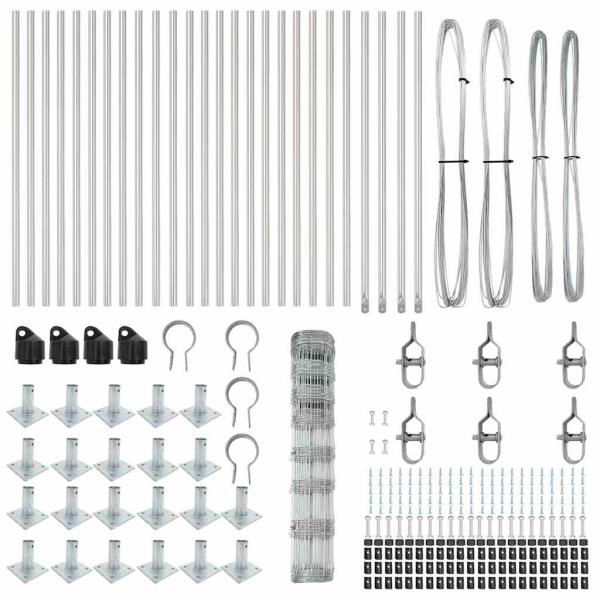 Feldzaun 1x50 m Verzinkter Stahl, Zaunpfosten mit Fußplatten 13 Stück Ø32mm 110cm Verzinkter Stahl