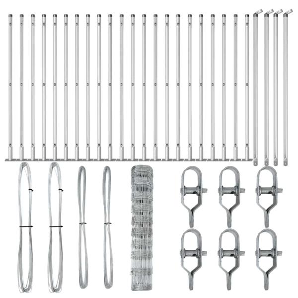 Feldzaun 1x50 m galvanisierter Stahl, Zaunpfosten mit Grundplatten 13 Stück Ø32mm 110cm galvanisierter Stahl