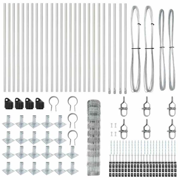 Feldzaun 1x50 m galvanisierter Stahl, Zaunpfosten mit Grundplatten 13 Stück Ø32mm 110cm galvanisierter Stahl