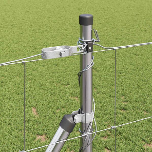 Feldzaun 1,2x50 m verzinkter Stahl, Zaunpfosten mit Bodenplatten 13 Stück Ø32mm 68,5cm verzinkter Stahl