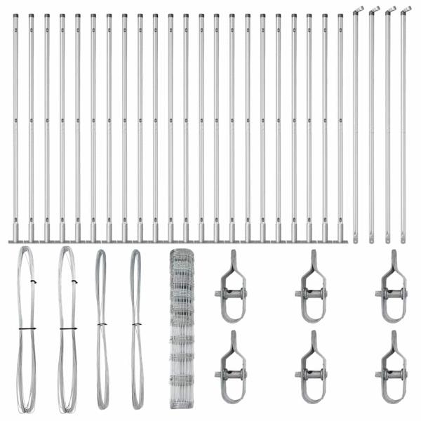 Feldzaun 1,2x50 m verzinkter Stahl, Zaunpfosten mit Bodenplatten 13 Stück Ø32mm 68,5cm verzinkter Stahl