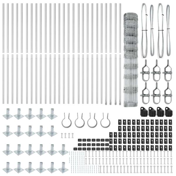 Feldzaun 1,2 x 50 m verzinkter Stahl, Zaunpfosten mit Sockelplatten 13 Stück Ø32mm 68,5cm verzinkter Stahl