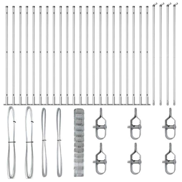 Feldzaun 1,2x50 m Verzinkter Stahl, Zaunpfosten mit Fußplatten 13 Stück Ø32mm 68,5cm Verzinkter Stahl