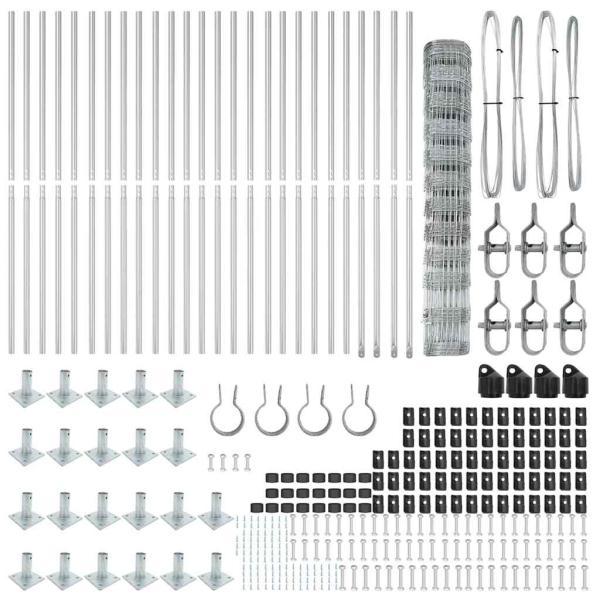 Feldzaun 1,2x50 m Verzinkter Stahl, Zaunpfosten mit Fußplatten 13 Stück Ø32mm 68,5cm Verzinkter Stahl