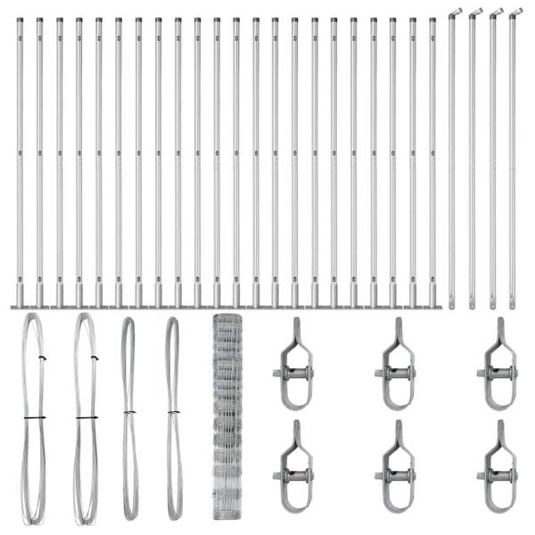 Feldzaun 1,2 x 50 m verzinkter Stahl, Zaunpfosten mit Fundamentplatten 13 Stück Ø32 mm 68,5 cm verzinkter Stahl