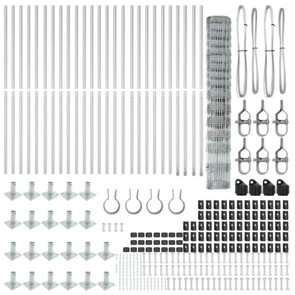 Feldzaun 1,2 x 50 m verzinkter Stahl, Zaunpfosten mit Fundamentplatten 13 Stück Ø32 mm 68,5 cm verzinkter Stahl
