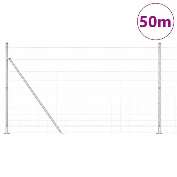 Feldzaun 1,4x50 m Verzinkter Stahl, Zaunpfosten mit Bodenplatten 13 Stück Ø32mm 78,5cm Verzinkter Stahl