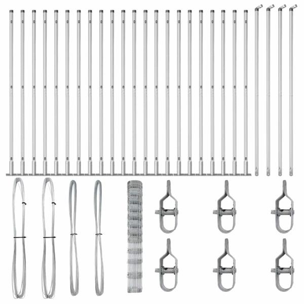 Feldzaun 1,4x50 m Verzinkter Stahl, Zaunpfosten mit Bodenplatten 13 Stück Ø32mm 78,5cm Verzinkter Stahl