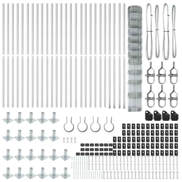Feldzaun 1,4x50 m Verzinkter Stahl, Zaunpfosten mit Bodenplatten 13 Stück Ø32mm 78,5cm Verzinkter Stahl