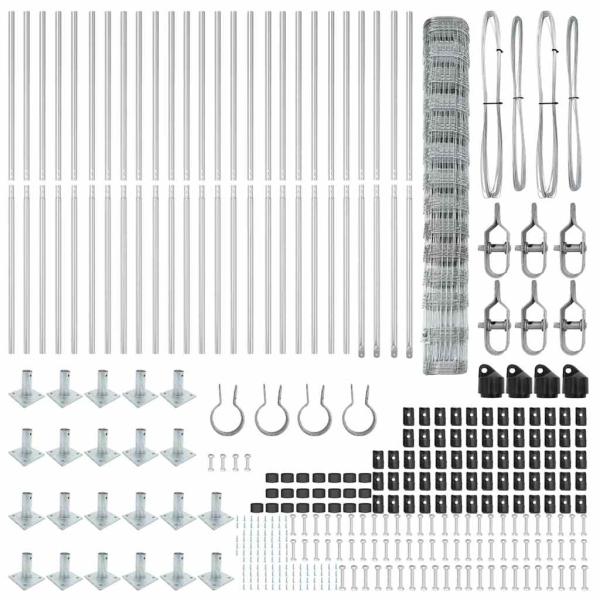 Feldzaun 1,4x50 m Verzinkter Stahl, Zaunpfosten mit Bodenplatten 13 Stk Ø32mm 78,5cm Verzinkter Stahl
