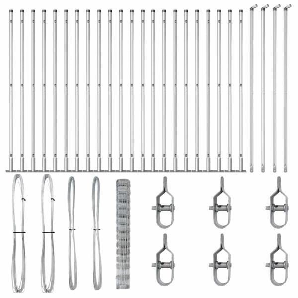 Weidezaun 1,4x50 m Verzinkter Stahl, Zaunpfosten mit Fußplatten 13 Stück Ø32mm 78,5cm Verzinkter Stahl