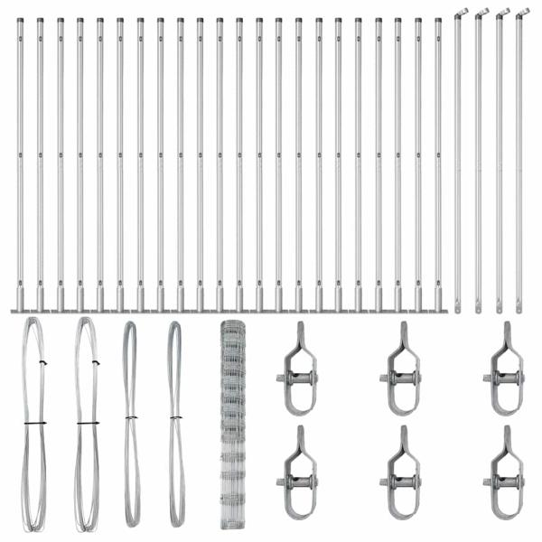 Feldzaun 1,5x50 m Verzinkter Stahl, Zaunpfosten mit Sockelplatten 13 Stück Ø32mm 83,5cm Verzinkter Stahl