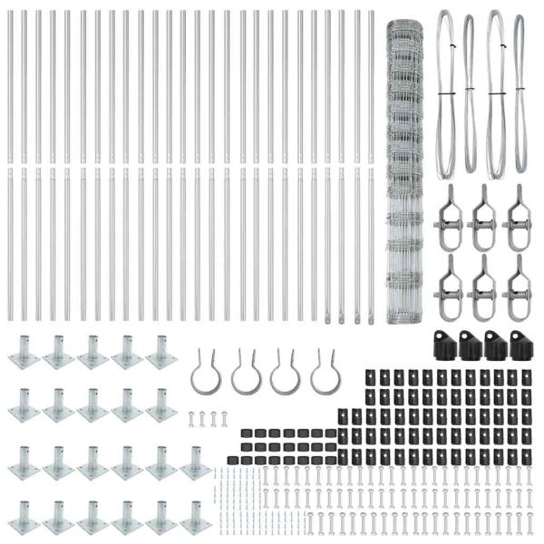 Feldzaun 1,5x50 m verzinkter Stahl, Zaunpfosten mit Basisplatten 13 Stk Ø32mm 83,5cm verzinkter Stahl