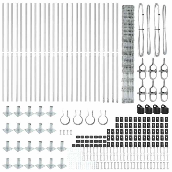 Weidezaun 1,5x50 m verzinkter Stahl, Zaunpfosten mit Bodenplatten 13 Stück Ø32mm 83,5cm verzinkter Stahl